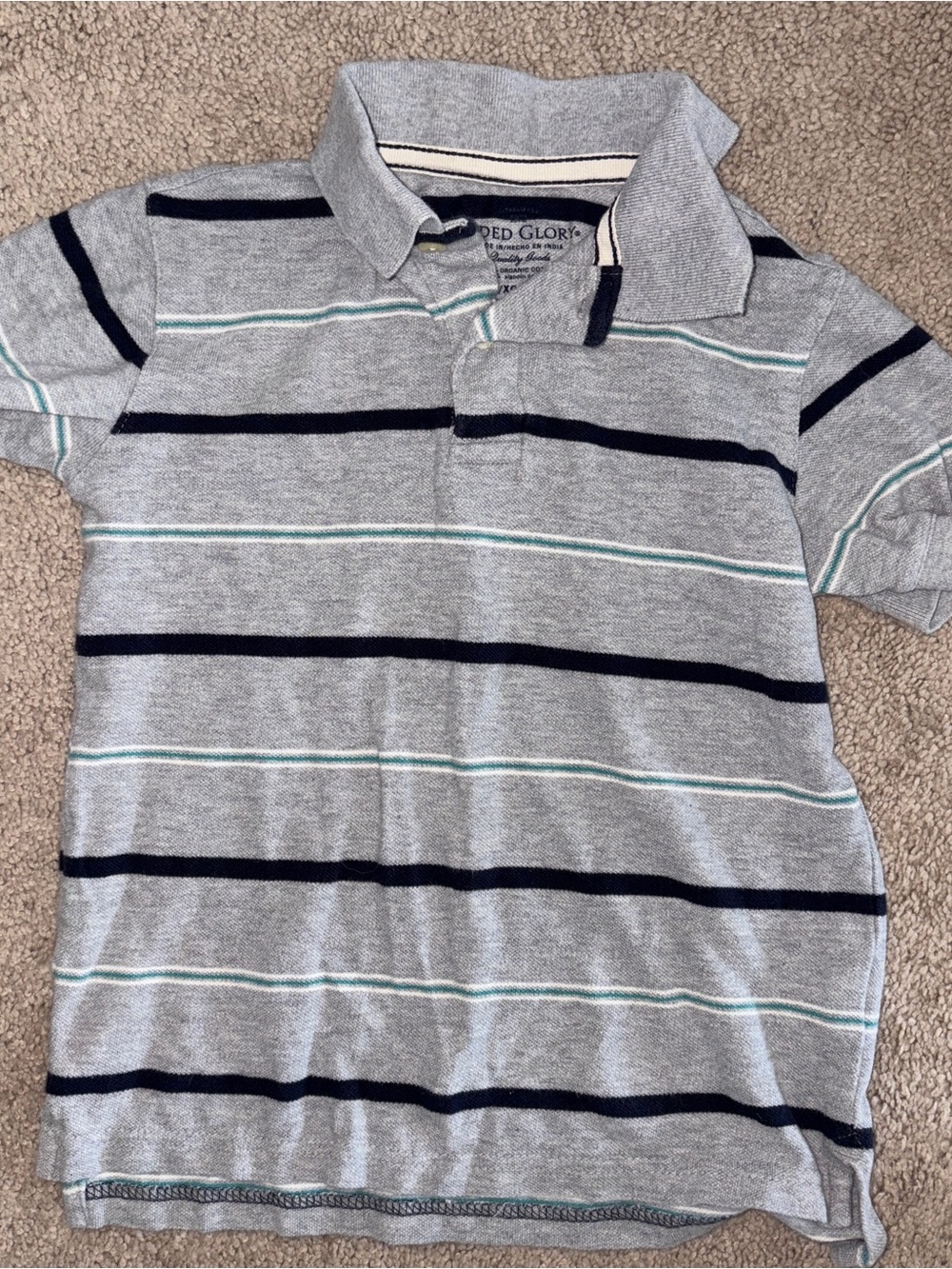 Boy’s Faded Glory Gray Polo with Navy & Teal Stripes Size: XS